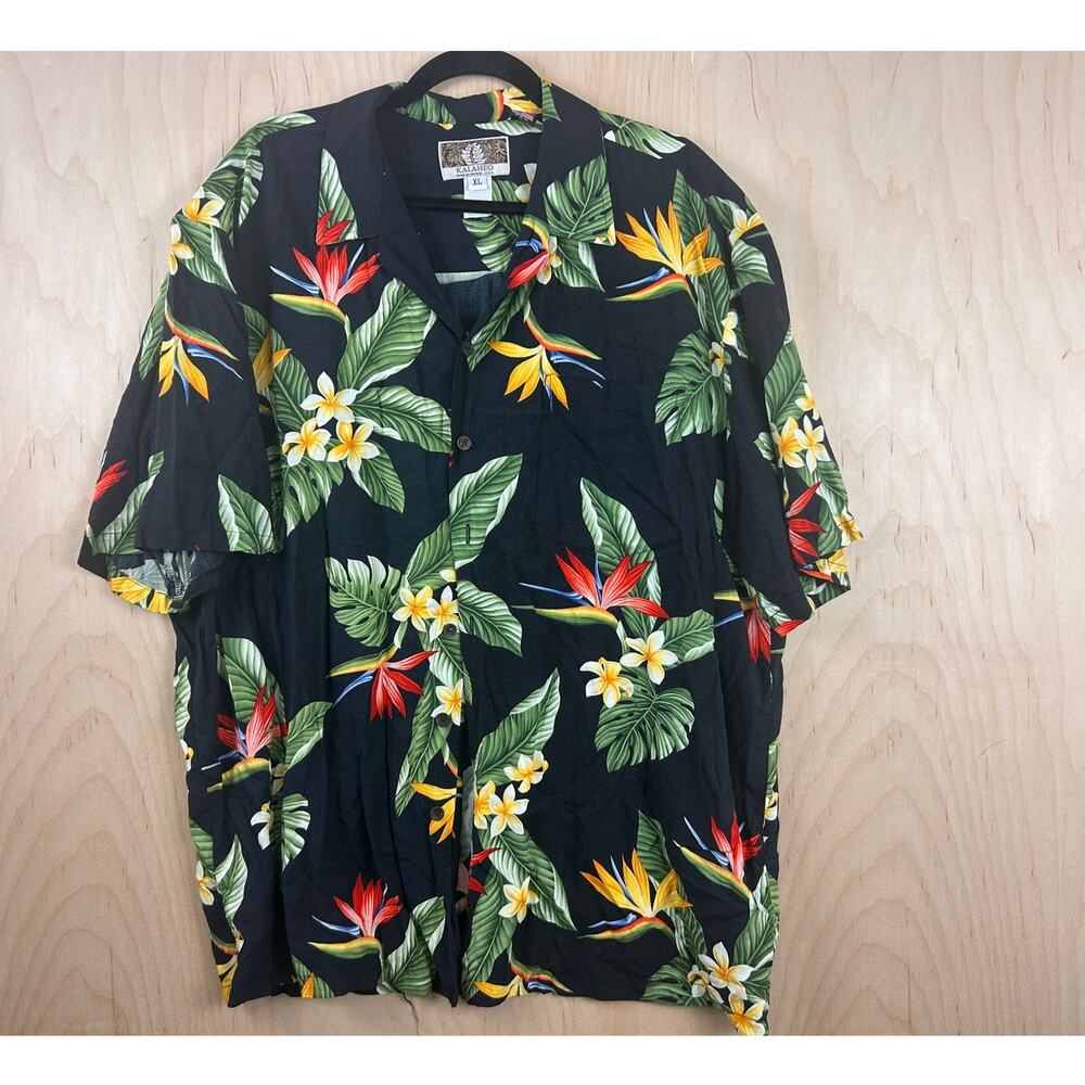 Kalaheo Hawaiian Shirt XL Made in USA Tropical Floral Black Rayon